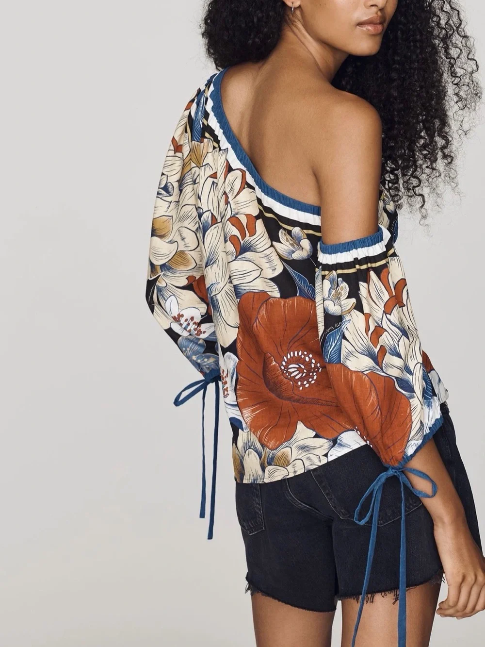 One-Shoulder Floral Tie-Sleeve Top in Multi Floral